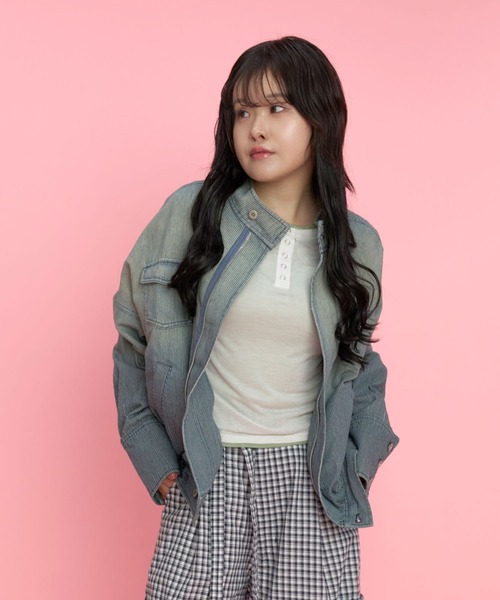Nora Lily elle(ノラリリーエル)の「【Nora Lily】「elle」Bleached Hickory Stand Collar Blouson(ブルゾン・レディース・ブルー/ブラック・FREE)」の1枚目の写真