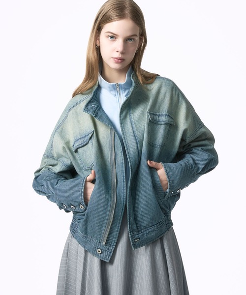 Nora Lily elle(ノラリリーエル)の「【Nora Lily】「elle」Bleached Hickory Stand Collar Blouson(ブルゾン・レディース・ブルー/ブラック・FREE)」の13枚目の写真