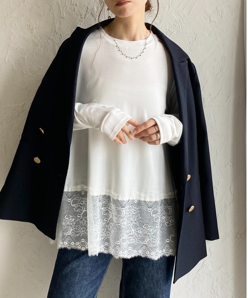 She's Closet(シーズクローゼット)の「長袖 裾レースドッキングロンT レイヤードインナー トップス(Tシャツ/カットソー・レディース・ブラック/ホワイト・FREE)」の1枚目の写真