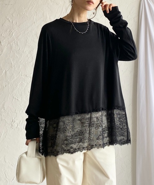 She's Closet(シーズクローゼット)の「長袖 裾レースドッキングロンT レイヤードインナー トップス(Tシャツ/カットソー・レディース・ブラック/ホワイト・FREE)」の2枚目の写真