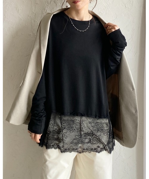 She's Closet(シーズクローゼット)の「長袖 裾レースドッキングロンT レイヤードインナー トップス(Tシャツ/カットソー・レディース・ブラック/ホワイト・FREE)」の11枚目の写真