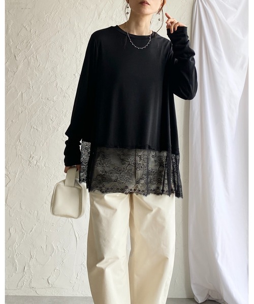 She's Closet(シーズクローゼット)の「長袖 裾レースドッキングロンT レイヤードインナー トップス(Tシャツ/カットソー・レディース・ブラック/ホワイト・FREE)」の12枚目の写真