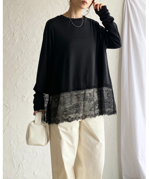She's Closet(シーズクローゼット)の「長袖 裾レースドッキングロンT レイヤードインナー トップス(Tシャツ/カットソー・レディース・ブラック/ホワイト・FREE)」の22枚目の写真