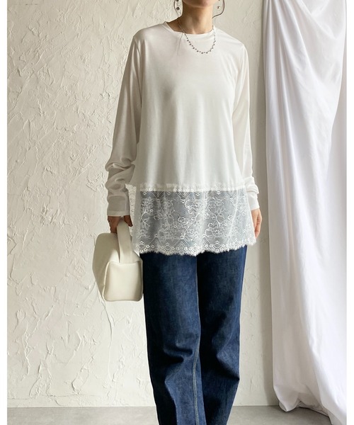 She's Closet(シーズクローゼット)の「長袖 裾レースドッキングロンT レイヤードインナー トップス(Tシャツ/カットソー・レディース・ブラック/ホワイト・FREE)」の3枚目の写真