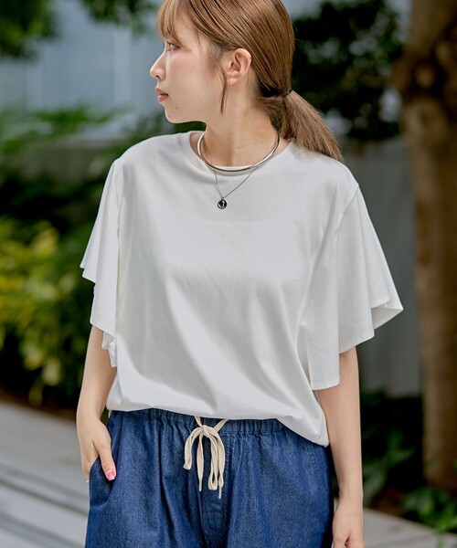 coen(コーエン)の「【UVカット・接触冷感】WELLTECT(ウェルテクト)USAコットン フレアスリーブ Tシャツ(インフルエンサー紹介アイテム)(Tシャツ/カットソー・レディース・ピンク/クリーム/オフホワイト/ブラック・L/M)」の1枚目の写真
