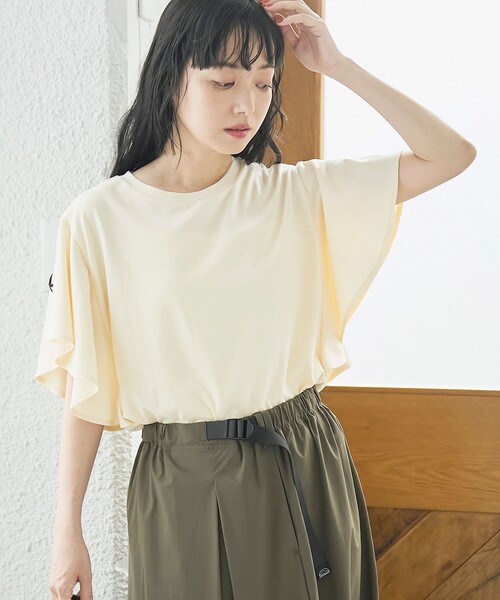 coen(コーエン)の「【UVカット・接触冷感】WELLTECT(ウェルテクト)USAコットン フレアスリーブ Tシャツ(インフルエンサー紹介アイテム)(Tシャツ/カットソー・レディース・ピンク/クリーム/オフホワイト/ブラック・L/M)」の3枚目の写真
