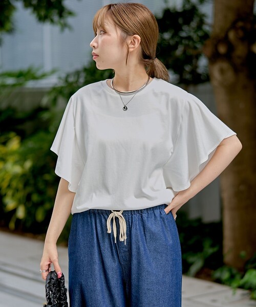 coen(コーエン)の「【UVカット・接触冷感】WELLTECT(ウェルテクト)USAコットン フレアスリーブ Tシャツ(インフルエンサー紹介アイテム)(Tシャツ/カットソー・レディース・ピンク/クリーム/オフホワイト/ブラック・L/M)」の7枚目の写真