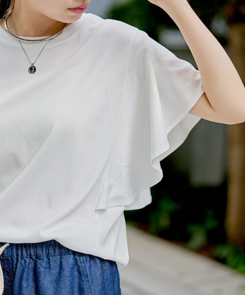 coen(コーエン)の「【UVカット・接触冷感】WELLTECT(ウェルテクト)USAコットン フレアスリーブ Tシャツ(インフルエンサー紹介アイテム)(Tシャツ/カットソー・レディース・ピンク/クリーム/オフホワイト/ブラック・L/M)」の9枚目の写真