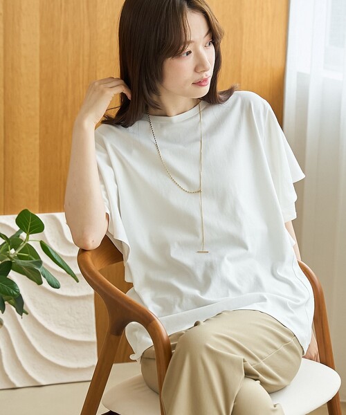 coen(コーエン)の「【UVカット・接触冷感】WELLTECT(ウェルテクト)USAコットン フレアスリーブ Tシャツ(インフルエンサー紹介アイテム)(Tシャツ/カットソー・レディース・ピンク/クリーム/オフホワイト/ブラック・L/M)」の13枚目の写真