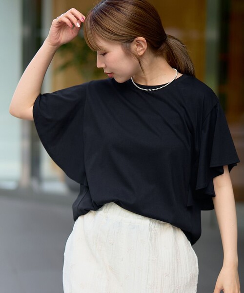 coen(コーエン)の「【UVカット・接触冷感】WELLTECT(ウェルテクト)USAコットン フレアスリーブ Tシャツ(インフルエンサー紹介アイテム)(Tシャツ/カットソー・レディース・ピンク/クリーム/オフホワイト/ブラック・L/M)」の16枚目の写真