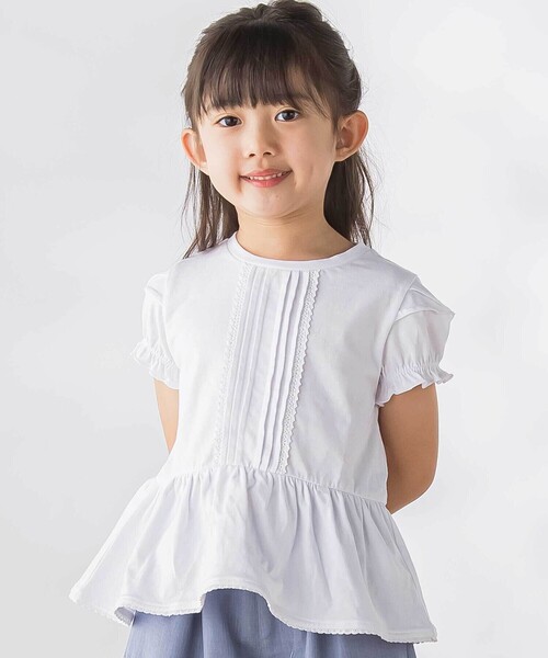 BeBe Petits Pois Vert(ベベプチポワヴェール)の「【店舗限定】レースタックフレア天竺半袖Tシャツ(Tシャツ/カットソー・キッズ・ブラック/ホワイト・130cm/120cm/140cm/110cm/150cm)」の1枚目の写真