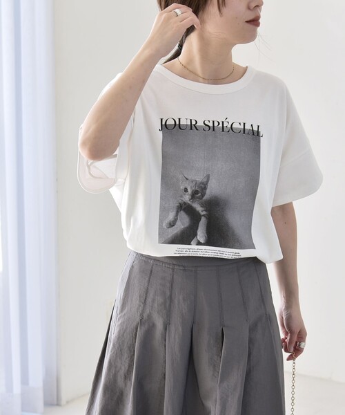 quaranciel（カランシエル）の「quaranciel:〈接触冷感/汗染み防止加工/洗濯機可能〉CAT プリント TEE（Tシャツ/カットソー・レディース・ホワイト系2/ホワイト系1/ホワイト系3・ONE SIZE）」の6枚目の写真