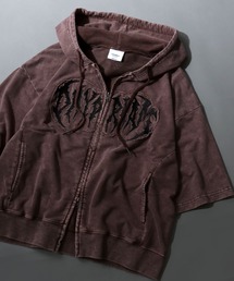 Grunge Style Sweat Zip Hoodie/グランジ ヴィンテージライク オーバーサイズ ミニ裏毛 半袖 フルジップパーカー フーディー パーカー スウェット レディース メンズ