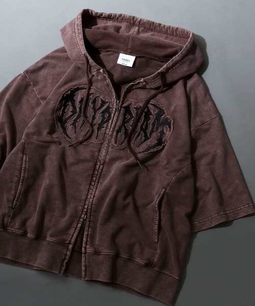 SITRY(シトリー)の「Grunge Style Sweat Zip Hoodie/グランジ ヴィンテージライク オーバーサイズ ミニ裏毛 半袖 フルジップパーカー フーディー パーカー スウェット レディース メンズ(パーカー・メンズ・ブラック/カーキ/ブラウン/ピンク・M/L)」の2枚目の写真