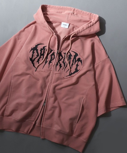 SITRY(シトリー)の「Grunge Style Sweat Zip Hoodie/グランジ ヴィンテージライク オーバーサイズ ミニ裏毛 半袖 フルジップパーカー フーディー パーカー スウェット レディース メンズ(パーカー・メンズ・ブラック/カーキ/ブラウン/ピンク・M/L)」の4枚目の写真