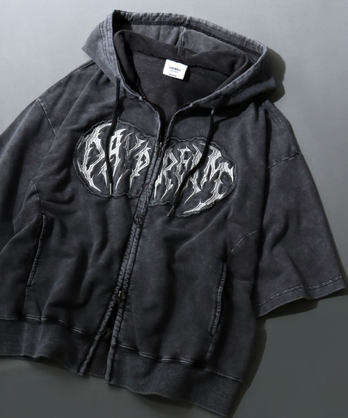 SITRY(シトリー)の「Grunge Style Sweat Zip Hoodie/グランジ ヴィンテージライク オーバーサイズ ミニ裏毛 半袖 フルジップパーカー フーディー パーカー スウェット レディース メンズ(パーカー・メンズ・ブラック/カーキ/ブラウン/ピンク・M/L)」の1枚目の写真