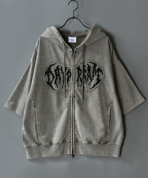SITRY(シトリー)の「Grunge Style Sweat Zip Hoodie/グランジ ヴィンテージライク オーバーサイズ ミニ裏毛 半袖 フルジップパーカー フーディー パーカー スウェット レディース メンズ(パーカー・メンズ・ブラック/カーキ/ブラウン/ピンク・M/L)」の12枚目の写真