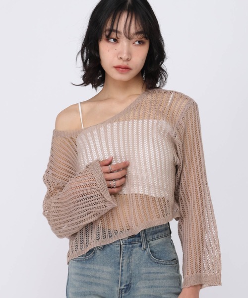 3.3 Field Trip (3.3フィールドトリップ)の「3.3 Field Trip/インナー付きメッシュトップ(ニット/セーター・レディース・ベージュ/ブラック・FREE)」の2枚目の写真