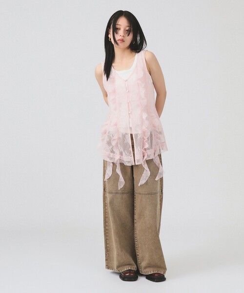 Ray BEAMS（レイビームス）の「ブリーチ デニム ワイドパンツ（デニムパンツ・レディース・ライトブルー/ブラウン系その他3・0/1）」の3枚目の写真