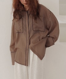 【cheriella】配色パイピングオーバーサイズシアーストライプシャツ　COLOR PIPING OVERSIZED SHEER STRIPE SHIRT