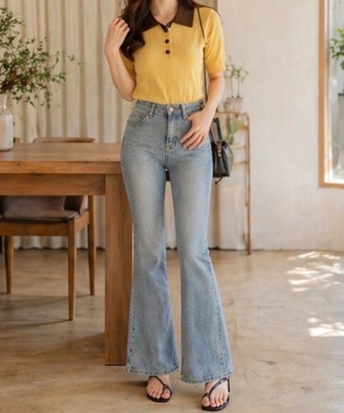 Teem Store(チームストア)の「【4色展開】配色デザイン 半袖ポロニット サマーニット(Tシャツ/カットソー・レディース・ネイビー/イエロー/ベージュ/グレー・F)」の7枚目の写真