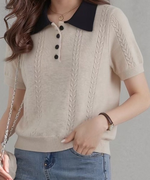 Teem Store(チームストア)の「【4色展開】配色デザイン 半袖ポロニット サマーニット(Tシャツ/カットソー・レディース・ネイビー/イエロー/ベージュ/グレー・F)」の5枚目の写真