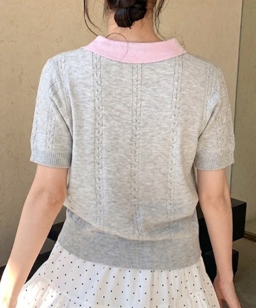 Teem Store(チームストア)の「【4色展開】配色デザイン 半袖ポロニット サマーニット(Tシャツ/カットソー・レディース・ネイビー/イエロー/ベージュ/グレー・F)」の12枚目の写真