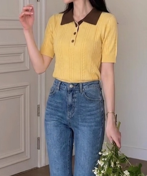 Teem Store(チームストア)の「【4色展開】配色デザイン 半袖ポロニット サマーニット(Tシャツ/カットソー・レディース・ネイビー/イエロー/ベージュ/グレー・F)」の13枚目の写真