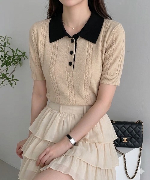 Teem Store(チームストア)の「【4色展開】配色デザイン 半袖ポロニット サマーニット(Tシャツ/カットソー・レディース・ネイビー/イエロー/ベージュ/グレー・F)」の16枚目の写真