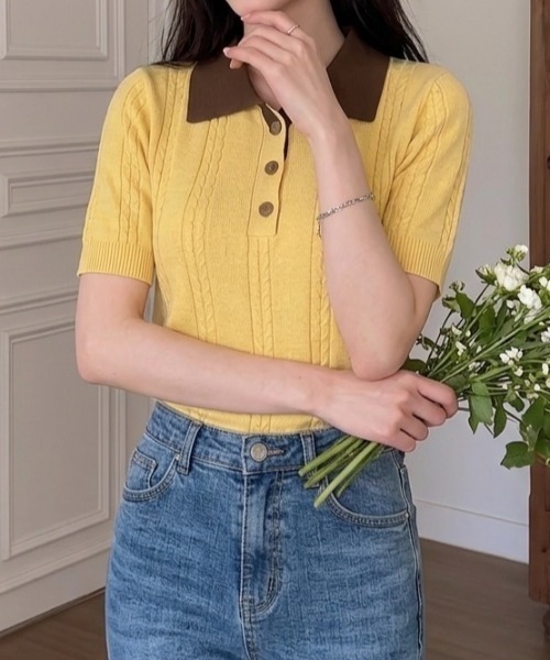 Teem Store(チームストア)の「【4色展開】配色デザイン 半袖ポロニット サマーニット(Tシャツ/カットソー・レディース・ネイビー/イエロー/ベージュ/グレー・F)」の14枚目の写真