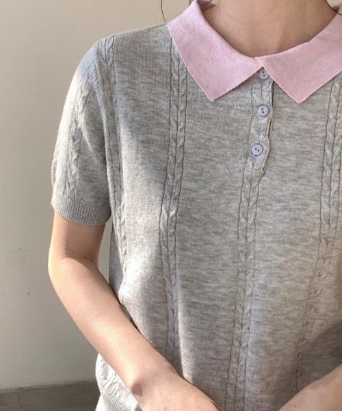 Teem Store(チームストア)の「【4色展開】配色デザイン 半袖ポロニット サマーニット(Tシャツ/カットソー・レディース・ネイビー/イエロー/ベージュ/グレー・F)」の10枚目の写真