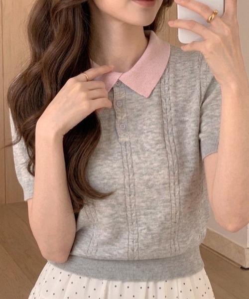 Teem Store(チームストア)の「【4色展開】配色デザイン 半袖ポロニット サマーニット(Tシャツ/カットソー・レディース・ネイビー/イエロー/ベージュ/グレー・F)」の11枚目の写真