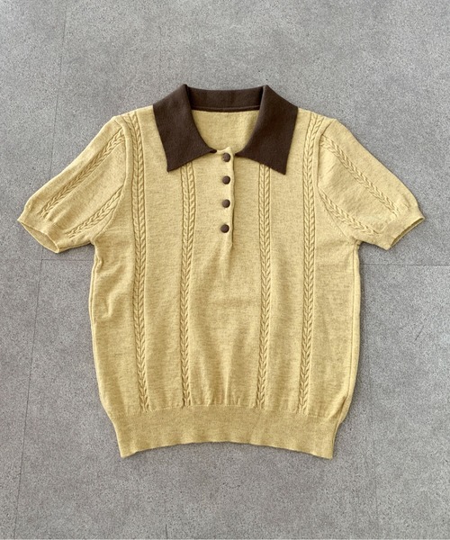 Teem Store(チームストア)の「【4色展開】配色デザイン 半袖ポロニット サマーニット(Tシャツ/カットソー・レディース・ネイビー/イエロー/ベージュ/グレー・F)」の18枚目の写真