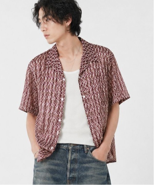 ALWAYS GOOD TIME（オルウェイズグッドタイム）の「【JEMORGAN/ジェーイーモーガン】総柄メッシュ オープンカラーシャツ / ペイズリー・ネイティブ・バンダナ柄 軽量 半袖シャツ（シャツ/ブラウス・メンズ・ワイン系/ネイビー系・L/XL）」の2枚目の写真