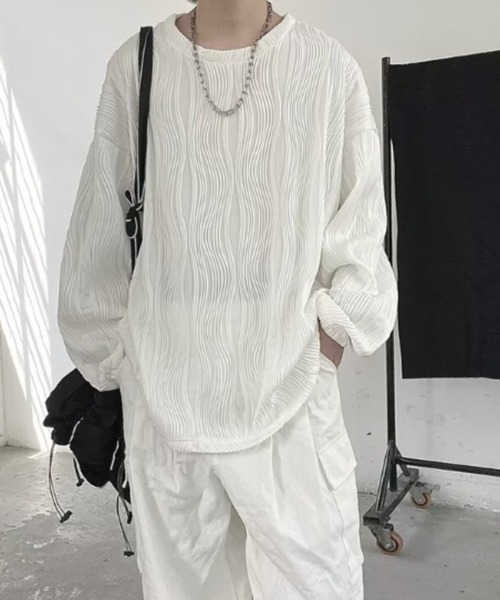 FreeZone（フリーゾーン）の「ウェーブプリーツオーバーサイズロンT（Tシャツ/カットソー・メンズ・ブラック/ホワイト・F）」の7枚目の写真