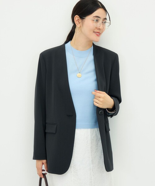 NOLLEY’S Sophi(ノーリーズソフィ)の「《セットアップ対応》強撚ツイルノーカラージャケット(テーラードジャケット・レディース・オリーブ/チャコールグレー・38/36/34)」の5枚目の写真