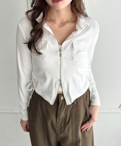 CLEA（クレア）の「サイドドロストダブルジップポケットトップス（Tシャツ/カットソー・レディース・チャコールグレー/グレー/ベージュ/ホワイト/ブラック・FREE）」の9枚目の写真