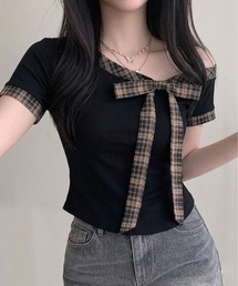 【26年春夏新作】チェックリボン アシンメトリーワンショル半袖トップス/Tシャツ