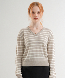 Premium Anti-filling Wool V-neck Striped Knit (Gray_beige)