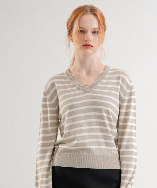 VLETI（ブレッティ）の「Premium Anti-filling Wool V-neck Striped Knit (Gray_beige)（ニット/セーター・レディース・グレイッシュベージュ・FREE）」の2枚目の写真