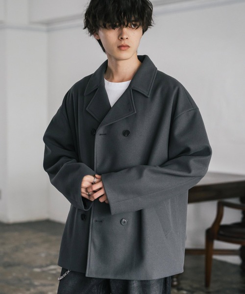 Rocky Monroe(ロッキーモンロー)の「T/M オーバーサイズダブルブレストショート丈Pコート/テックメルトン短丈ジャケット(ピーコート・メンズ・ブラウン/ブラック/ネイビー/グレイッシュベージュ/チャコール・M/L/XL)」の13枚目の写真
