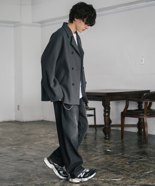 Rocky Monroe(ロッキーモンロー)の「T/M オーバーサイズダブルブレストショート丈Pコート/テックメルトン短丈ジャケット(ピーコート・メンズ・ブラウン/ブラック/ネイビー/グレイッシュベージュ/チャコール・M/L/XL)」の14枚目の写真