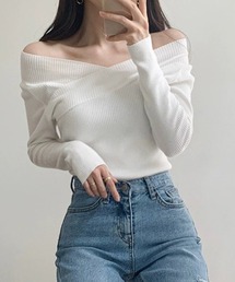 オフショルダー リブニット カシュクール風 長袖ニットトップス