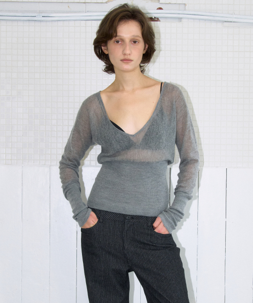 MILLO WOMEN（ミロウーマン）の「シアーディープVネックニット[グレー]（ニット/セーター・レディース・その他・ONE SIZE）」の2枚目の写真