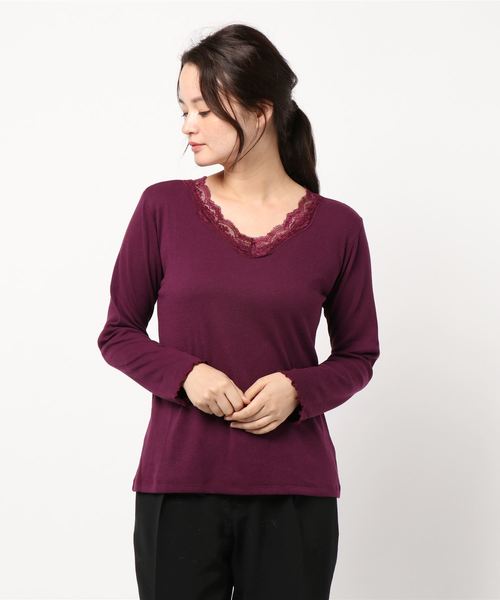 BELLUNA PLUS(ベルーナ)の「テレコ素材レース使いプルオーバー(Tシャツ/カットソー・レディース・ブラック/ネイビー/オフホワイト/マジェンタ/ブルー/グリーン/杢グレー/ラベンダー/コーラル・MEDIUM/LARGE/X-LARGE/XXX-LARGE/XXXX-LARGE/XX-LARGE)」の1枚目の写真