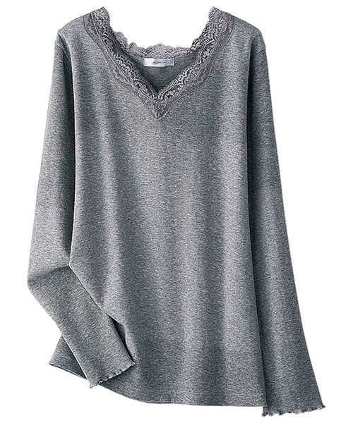 BELLUNA PLUS(ベルーナ)の「テレコ素材レース使いプルオーバー(Tシャツ/カットソー・レディース・ブラック/ネイビー/オフホワイト/マジェンタ/ブルー/グリーン/杢グレー/ラベンダー/コーラル・MEDIUM/LARGE/X-LARGE/XXX-LARGE/XXXX-LARGE/XX-LARGE)」の4枚目の写真