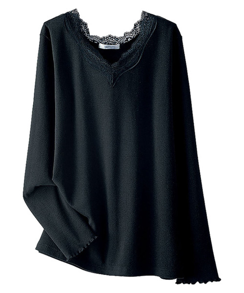 BELLUNA PLUS(ベルーナ)の「テレコ素材レース使いプルオーバー(Tシャツ/カットソー・レディース・ブラック/ネイビー/オフホワイト/マジェンタ/ブルー/グリーン/杢グレー/ラベンダー/コーラル・MEDIUM/LARGE/X-LARGE/XXX-LARGE/XXXX-LARGE/XX-LARGE)」の3枚目の写真