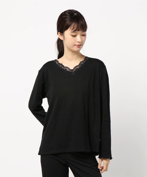 BELLUNA PLUS(ベルーナ)の「テレコ素材レース使いプルオーバー(Tシャツ/カットソー・レディース・ブラック/ネイビー/オフホワイト/マジェンタ/ブルー/グリーン/杢グレー/ラベンダー/コーラル・MEDIUM/LARGE/X-LARGE/XXX-LARGE/XXXX-LARGE/XX-LARGE)」の13枚目の写真
