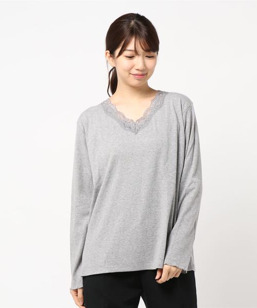 BELLUNA PLUS(ベルーナ)の「テレコ素材レース使いプルオーバー(Tシャツ/カットソー・レディース・ブラック/ネイビー/オフホワイト/マジェンタ/ブルー/グリーン/杢グレー/ラベンダー/コーラル・MEDIUM/LARGE/X-LARGE/XXX-LARGE/XXXX-LARGE/XX-LARGE)」の14枚目の写真