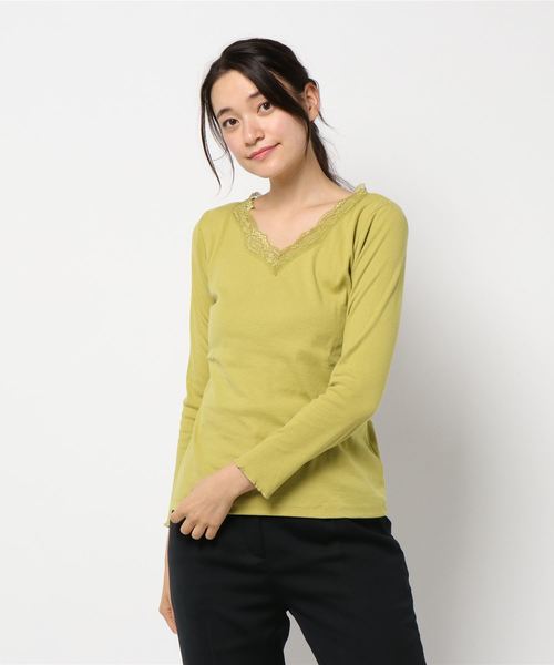 BELLUNA PLUS(ベルーナ)の「テレコ素材レース使いプルオーバー(Tシャツ/カットソー・レディース・ブラック/ネイビー/オフホワイト/マジェンタ/ブルー/グリーン/杢グレー/ラベンダー/コーラル・MEDIUM/LARGE/X-LARGE/XXX-LARGE/XXXX-LARGE/XX-LARGE)」の15枚目の写真